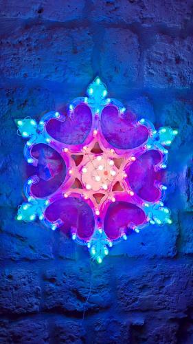 un flocon de neige violet éclairé avec des lumières sur un mur de briques dans l'établissement Loft Albicocca, à Bari