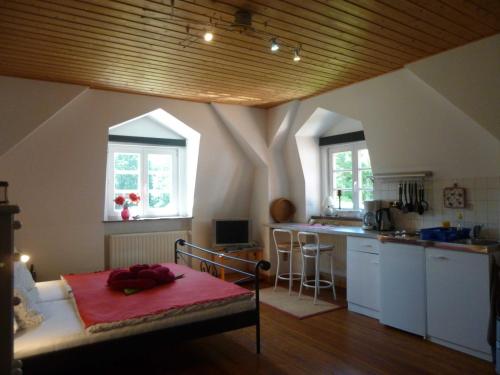 a room with a kitchen and a bed in a room at Herrenhaus Poppelvitz in Maltzien