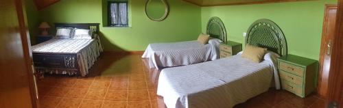 2 camas en una habitación con paredes verdes en Casa do Cartón, en Morán