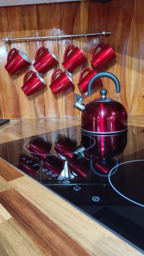 a red tea pot on a stove in a kitchen at DOMEK NA GÓRACH z GORĄCĄ BALIĄ in Nowy Sącz