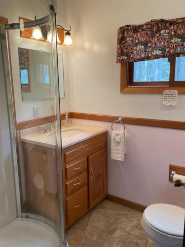 een badkamer met een douche, een wastafel en een toilet bij Grandpa Jim's Cabin in Montreal