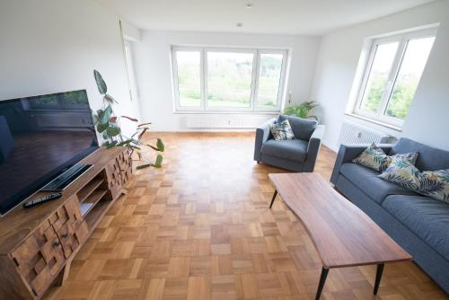 a living room with a couch and a tv at Gästehaus Albero in Lindau