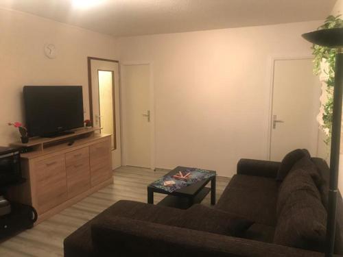 a living room with a couch and a flat screen tv at CrisAnd Wald &Terrasse in Altenau