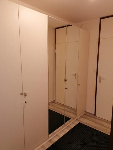 a walk in closet with white cabinets and a glass door at CrisAnd Wald &Terrasse in Altenau