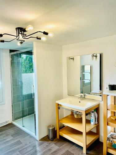 une salle de bain avec un lavabo et un miroir dans l'établissement Gîte de la Vernière, à Payrignac