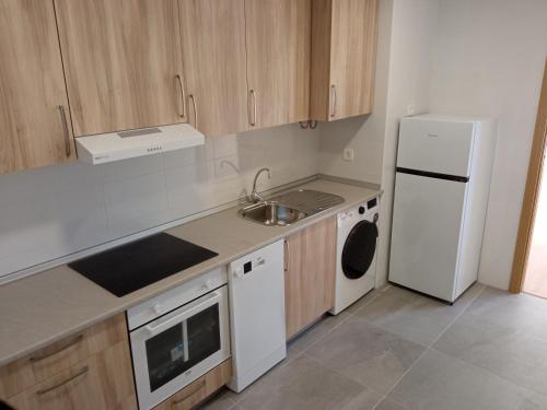 uma cozinha com um lavatório e um frigorífico branco em Eguretxea em Llodio