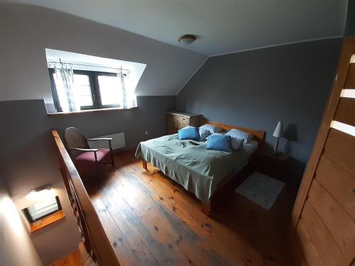 a bedroom with a bed with blue pillows and a window at Natura Apartamenty in Swaderki