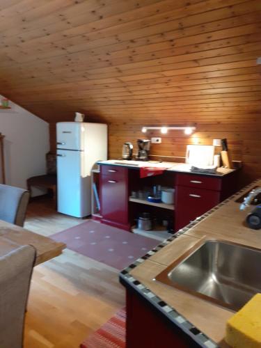 cocina con fregadero y nevera blanca en Four bedroom appartement near Bad Kleinkirchheim, en Radenthein