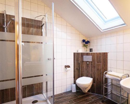 uma casa de banho com um WC, um chuveiro e um lavatório. em Landhaus Petra em Bad Füssing