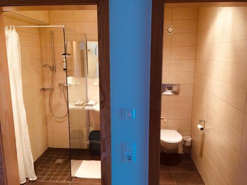 a bathroom with a toilet and a glass shower at Kolbitsch am Weissensee ein Ausblick der verzaubert in Weissensee