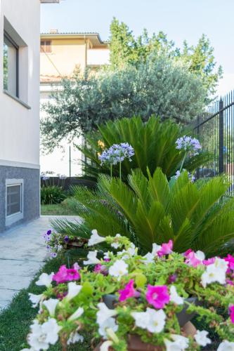 a garden with pink and white flowers and a fence at B&B La Villetta in Piacenza