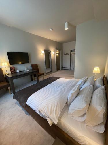 a bedroom with a large bed and a television at REZYDENCJA BOHEMA in Szczawno-Zdrój