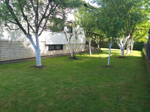 due alberi in un cortile con una casa di Villa Behić a Bihać