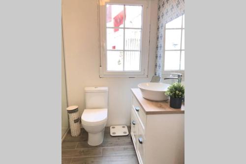 a bathroom with a toilet and a sink and a window at Casa Casco Antiguo A Guarda in A Guarda