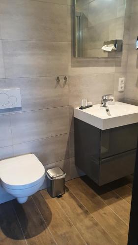 a bathroom with a toilet and a sink at Grand Café Goejje voorheen Oranje Hotel in Meijel