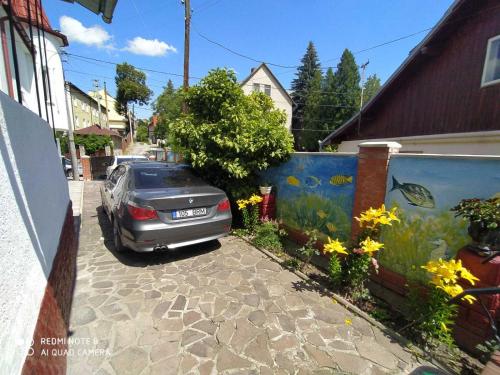 ein Auto, das in einer Einfahrt neben einer Mauer mit Blumen parkt in der Unterkunft Sadyba Margaryta in Truskawez