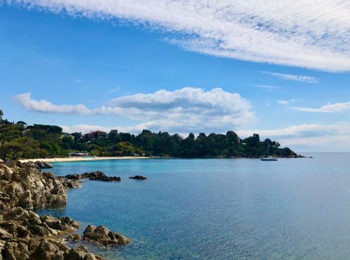 a view of a beach with a boat in the water at Hotel L'Orangeraie in Le Lavandou
