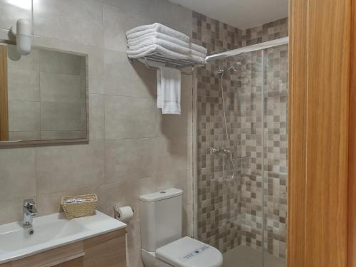 a bathroom with a shower and a toilet and a sink at APARTAMENTOS TURISTICOS LAS CANDELAS in Puebla de Sanabria