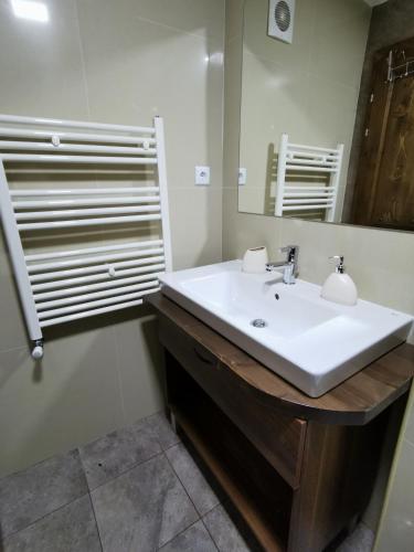 a bathroom with a white sink and a mirror at Sindy Wooden Apartments in Mavrovo