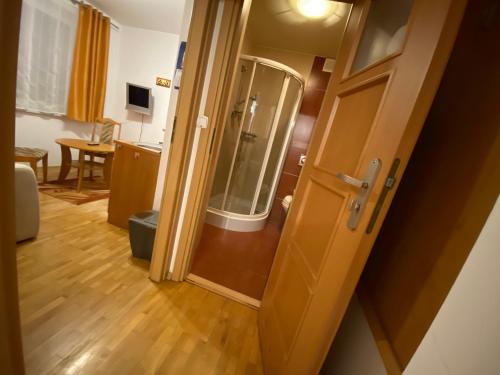 クリニツァ・ズドルイにある2-pokojowe Apartamenty KAMIL Krynica-Zdrójのバスルーム(シャワー付)、木製のドアが備わります。