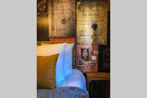a bedroom with a bed and a wall with books at Un petit Vintage à Colmar in Colmar