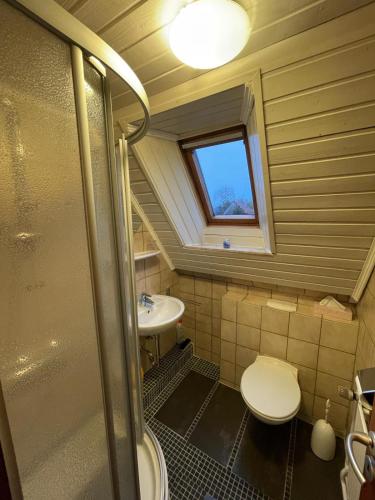 a small bathroom with a toilet and a sink at FeWo zum Surgrund in Cuxhaven