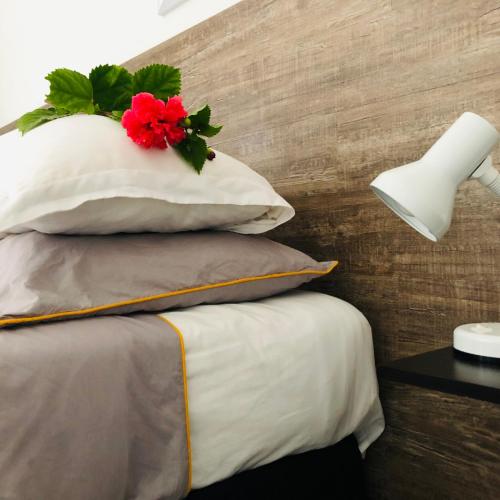 a bed with pillows and a red flower on top at Holland Lodge Paramaribo in Paramaribo