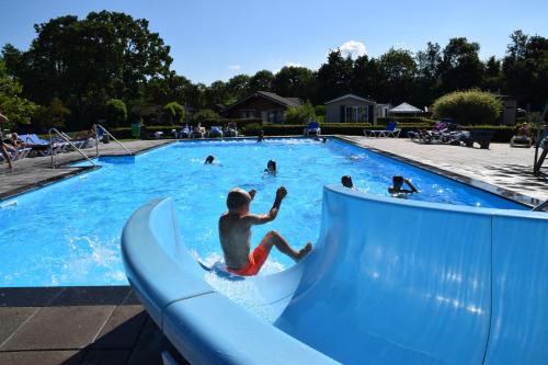 a boy on a slide in a swimming pool at Luxe 5-persoons chalet op familiecamping in Baarland