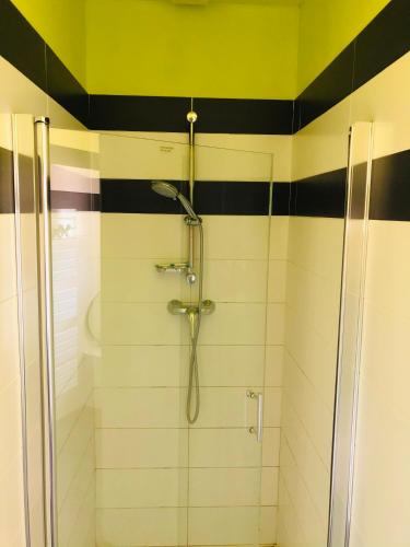 La salle de bains est pourvue d'une douche à rayures noires et blanches. dans l'établissement Villa piscine privée vallée châteaux Dordogne, à Saint-Cybranet