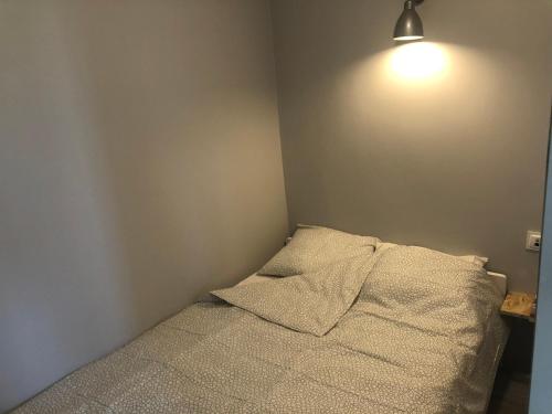 ein Schlafzimmer mit einem Bett mit einer Lampe an der Wand in der Unterkunft Apartament Sikornik in Gliwice