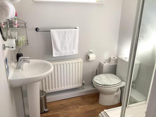 uma casa de banho branca com um WC e um lavatório em Byre Cottage em Alston