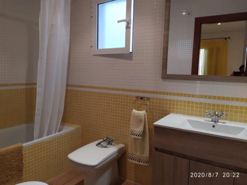 La salle de bains est pourvue d'un lavabo, de toilettes et d'un miroir. dans l'établissement APARTAMENTO Al Andalus Residencial, à Vera