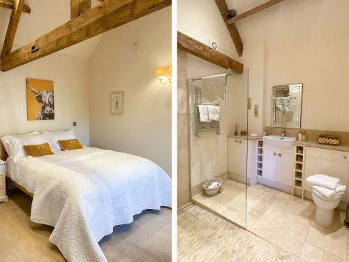 2 Bilder eines Schlafzimmers mit einem Bett und einem Badezimmer in der Unterkunft The Byre in East Cowton