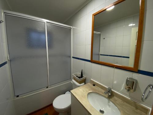 a bathroom with a sink and a toilet and a mirror at Depto N°1 Temuco Centro in Temuco