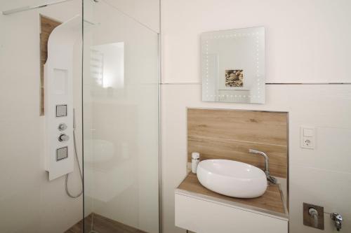 a bathroom with a sink and a glass shower at Designapartments Business and More - Sennhütte 9 in Wernigerode