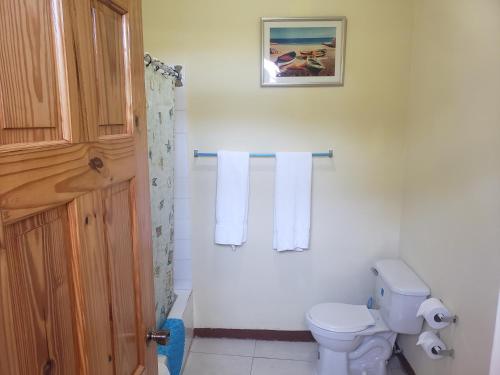 a bathroom with a toilet and towels on the wall at Sea Shell Palms, Ocho Rios in Ocho Rios