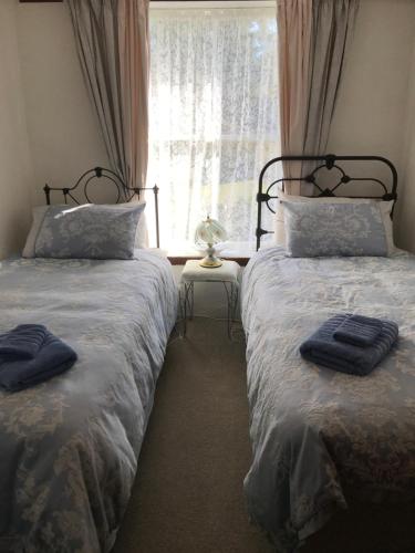 - une chambre avec 2 lits et une fenêtre dans l'établissement Tophouse Historical Inn Bed and breakfast, à Saint Arnaud