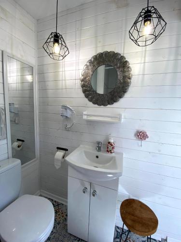a bathroom with a sink and a toilet and a mirror at Bajkowy domek Villa Rosa na Kaszubach in Grzybowo