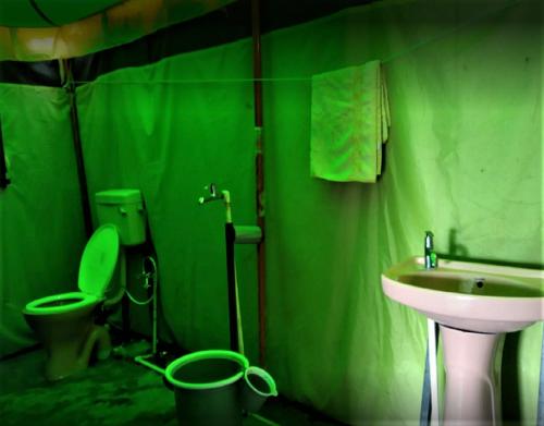 a green bathroom with a toilet and a sink at Camping Huts at Lord Shiva Camps in Sari