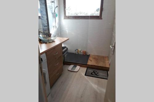 Elle comprend une petite salle de bains pourvue d'un lavabo et d'un comptoir. dans l'établissement Grand appartement avec jardin Promos en juillet location a la semaine samedi au samedi ou dimanche au dimanche, à Soulac-sur-Mer