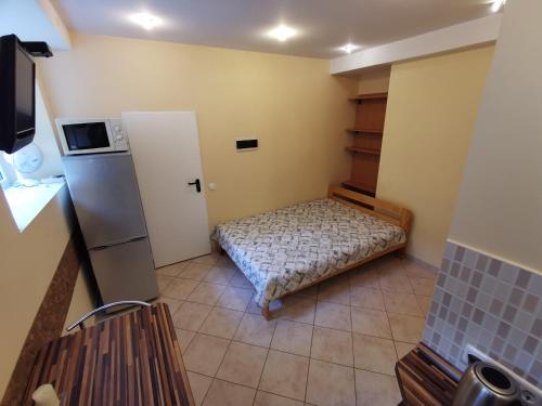 a small room with a bed and a refrigerator at Pušynas Apartments in Juodkrantė