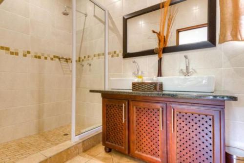 a bathroom with a sink and a shower at Forest Lodge in St Lucia