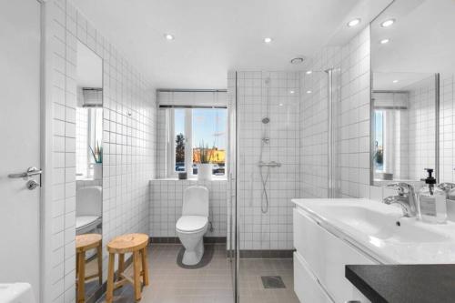 a white bathroom with a sink and a toilet at Awardwinning penthouse, Oslo city / Grünerløkka in Oslo