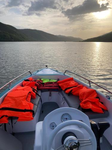 a boat on a body of water with red equipment at Casa David in Sviniţa