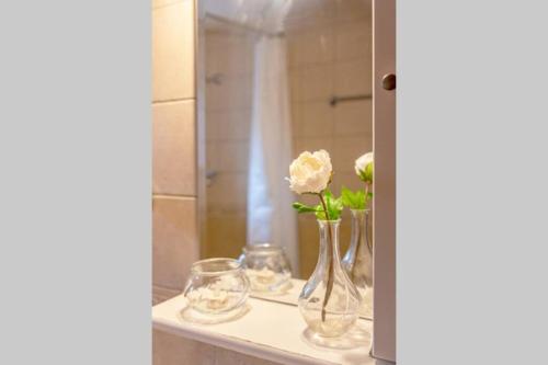 a vase with flowers on a counter in a bathroom at Small House with Garden & View in Promírion