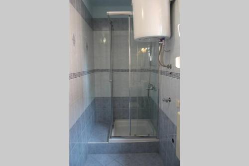 a shower with a glass door in a bathroom at Orhideja Apartment in Lukoran