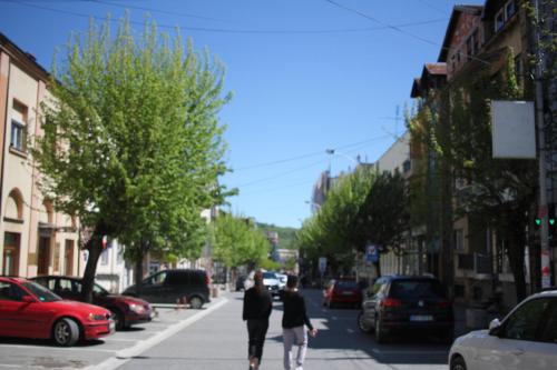 two people walking down a city street with cars at Ecco Superior in Novi Pazar