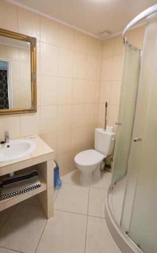 a bathroom with a toilet and a sink and a shower at Panzió STATUS in Hajdúszoboszló