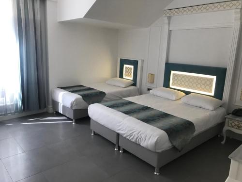 ein Schlafzimmer mit zwei Betten und einem Fenster in der Unterkunft Ligos in Istanbul