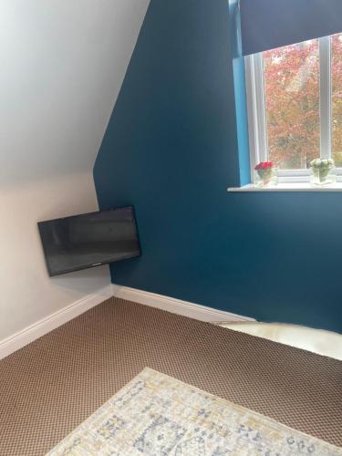 a room with a blue wall and a window at The Willows Lovely Double Apartment in Rostrevor